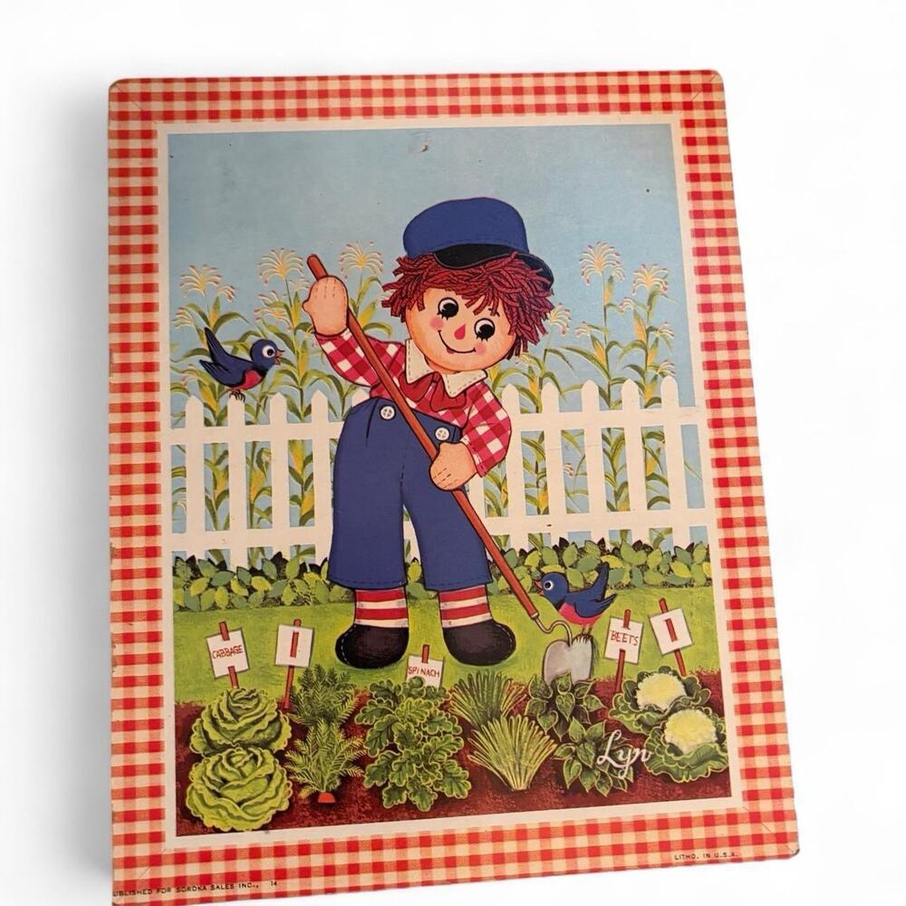Country Garden Folk Art Lithograph Print 8.5x10 USA 1970s LYN Raggedy Andy